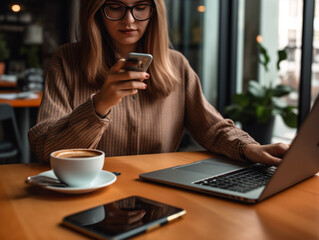 kobieta siedząca przed laptopem w biurze. W dłoni trzyma smartfona, obok laptopa stoi filiżanka kawy. - obrazy, fototapety, plakaty