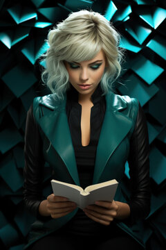 A beautiful woman in an aquamarine leather jacket reads a book in front of a background made of multifaceted cyan shapes with sharp edges.