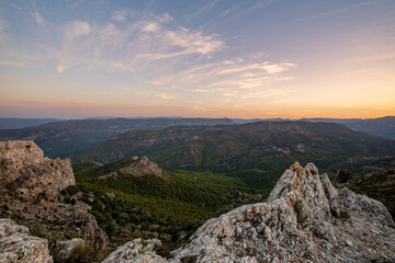 View from the viewpoint of Mount Ardal in Yeste, Albacete, with spectacular views of the surrounding mountains and natural parks with light and sunset colors