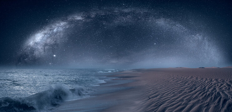 Namib desert with Atlantic ocean meets near Skeleton coast with Milky Way galaxy - 
Namibia, South Africa