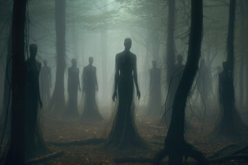 Ghoulish beings wandering among shadows and mists in a haunted forest landscape