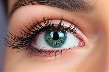 Long and Beautiful False Eyelashes on Female Eye in a Soft Background. Feminine Beauty and Care Concept with Eyelash Extensions: Generative AI