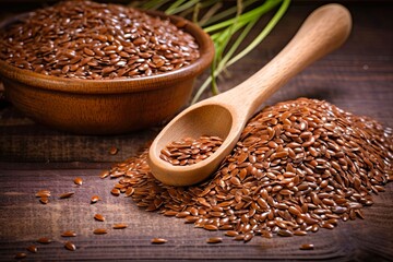 Organic Flaxseeds - A Raw and Nourishing Health Food on a Brown Wooden Spoon with a Bag of Flaxseeds on an Old Board Background.: Generative AI