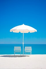 Relaxing at the Beach: White Beach Umbrella, Table and Chairs with Blue Sky and White Wall for Summertime Travel: Generative AI