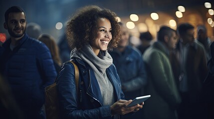 lifestyle and technology smart attractive casual woman using smartphone on the street at night between crowd of people urban city downtown background,ai generate