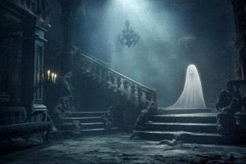 Ethereal female wraith in white haunting a ruined hall of  abandoned mansion - obrazy, fototapety, plakaty