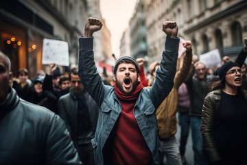 Man with raised hands and clenched fists shouts slogans along with a crowd of protesters marching through the city as part of the rally.