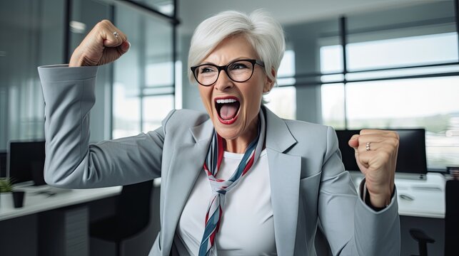 Portrait of old woman celebrating succeed winner gesture exited with arms raised victory business compettition goal celebrate prize positive attitude smile laugh joyful moment in office,ai generate