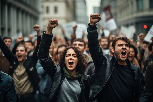 Protestors march through the city streets with rally, fists clenched, shouting slogans for equality and change, demanding urgent action on social issues