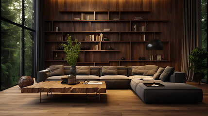 Luxury living room decoration style with wooden wall