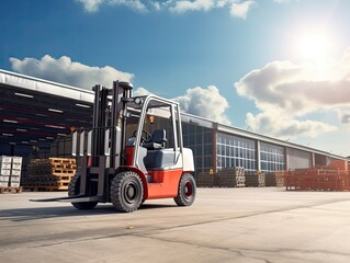 A forklift truck in front of a blurred warehouse at a sunny day and clouds in the sky in the background - obrazy, fototapety, plakaty
