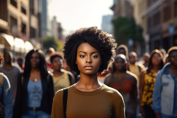 Amidst diverse black protesters, an African-American female activist's portrait symbolizes unity against racism, advocating for justice.