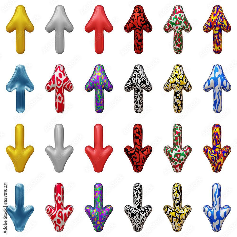 Poster set of arrows pointing up and down in 3d rendering isolated on transparent background for app, web, 