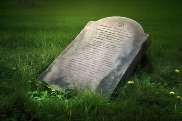 A weathered tombstone with unreadable writings, fallen into the grass, symbolising time's passage and forgotten histories
