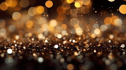 Xmas black, dark, gold blurred bokeh abstract background. Glitter lights and sparkle. Blurred golden soft vintage seamless card, metallic christmas banner.