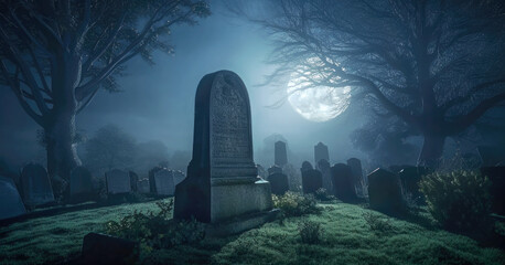 Old burial stone with unreadable writings emerges in the dimly lit, ethereal landscape of a graveyard at night