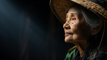 Side portrait of a old rice working woman with hat isolated on black background with copy space