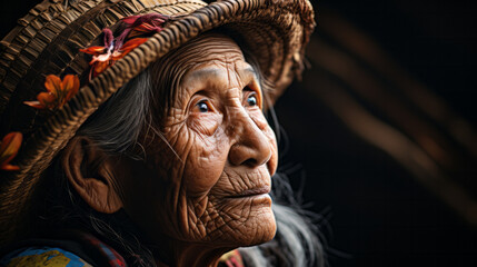 Obraz premium Side portrait of a old rice working woman with hat isolated on black background with copy space