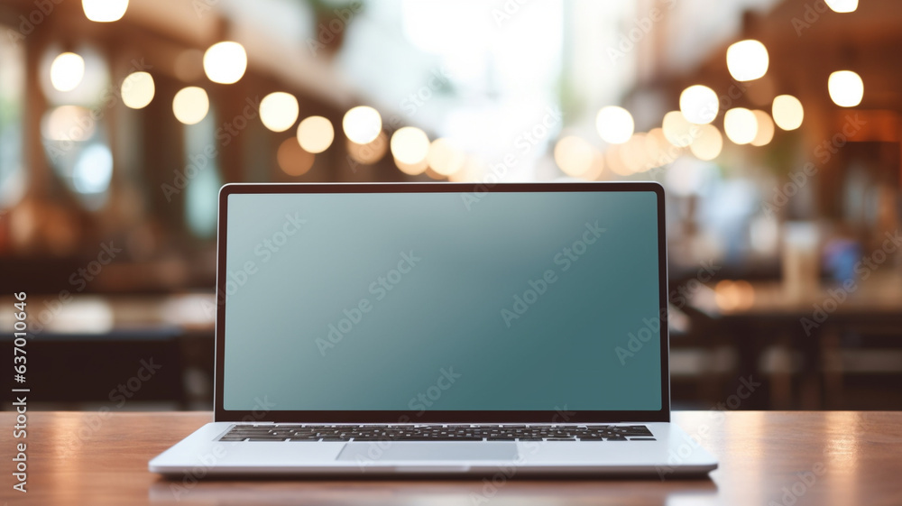 Poster blank screen laptop computer with opened lid on table in meeting room of office workspace. generativ