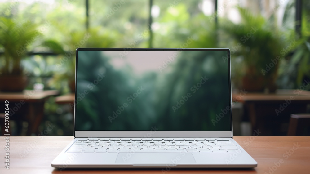 Poster blank screen laptop computer with opened lid on table in meeting room of office workspace. generativ