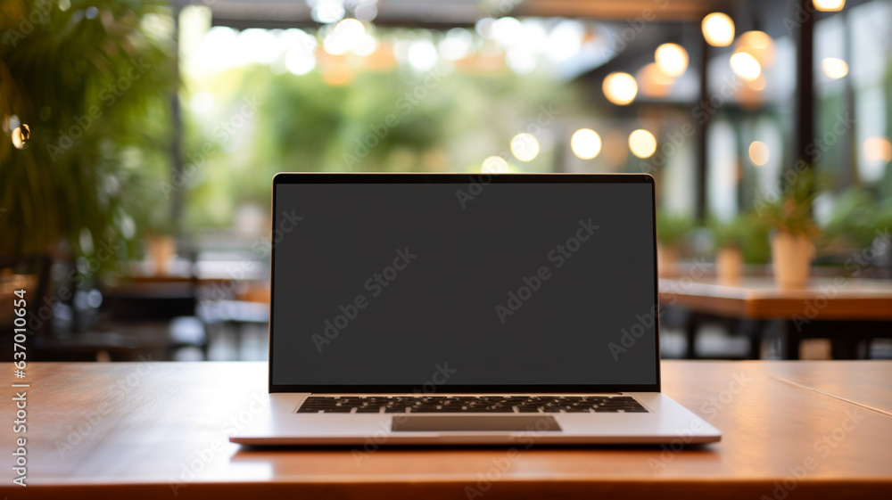 Poster blank screen laptop computer with opened lid on table in meeting room of office workspace. generativ