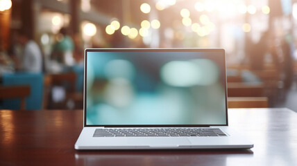 Blank screen laptop computer with opened lid on table in meeting room of office workspace. Generative AI