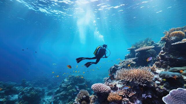 Scuba diver at the bottom of tropical coral reef, underwater landscape