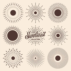 Vintage sunburst, sunset beams collection. Hand drawn bursting sun, light rays. Logotype or lettering design element in retro style. Vector illustration