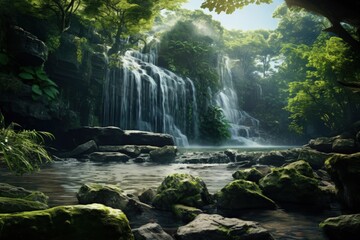 Naklejka na ściany i meble Serene Waterfall in Lush Forest Setting. Generative AI