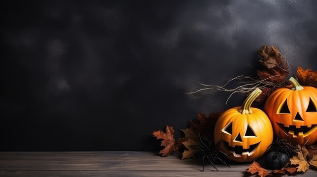 Halloween pumpkins on wooden background. Copy space for text.