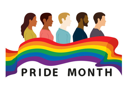 People with LGBTQ pride flag image. LGBT pride month equality and gay rights. Illustration, Poster, Vector, Background or wallpaper.   
