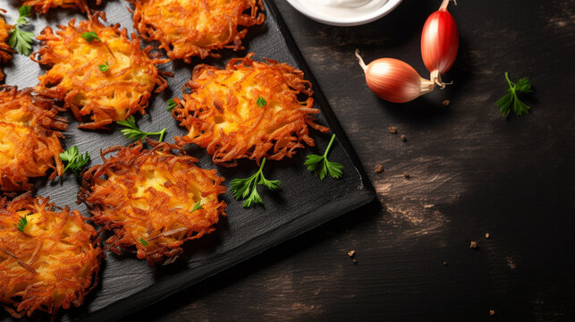 Delicious Latkes Being Prepared in a Home Kitchen , Hanukkah, wide banner with copy space area  