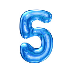 Five 5 number alphabet with y2k liquid sea blue chrome effect