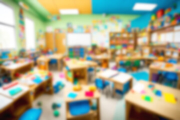 Naklejka na ściany i meble Abstract blurred background illustration. colorful classroom tailored for children, adorned with kaleidoscope of hues that spark creativity and joy. Walls painted lively shades that inspire kids.