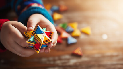 Close-up of Hands Spinning a Colorful Dreidel , Hanukkah, wide banner with copy space area  