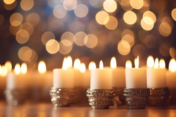 Fototapeta na wymiar Menorah Candles Aglow in Soft Bokeh Background , Hanukkah, bokeh 