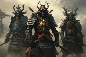 Samurai Warriors Battling Monstrous Creatures. Generative AI
