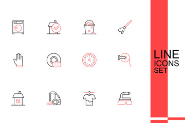 Set line Brush for cleaning, Drying clothes, Vacuum cleaner, House, Toilet paper roll, Clock, Washing dishes and Rubber gloves icon. Vector
