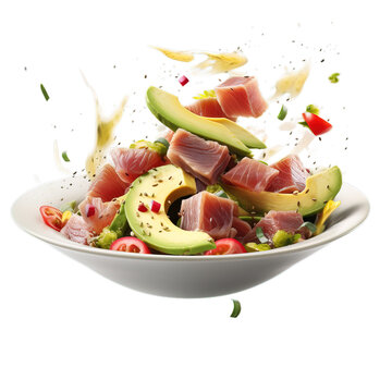 recommend clip art: Avocado and tuna salad, poke, tuna, fresh healthy food icon, isolated, AI generated
