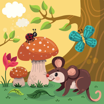 Cute vole, butterfly and ladybug animals that met in the forest. Vector illustration for kids.
