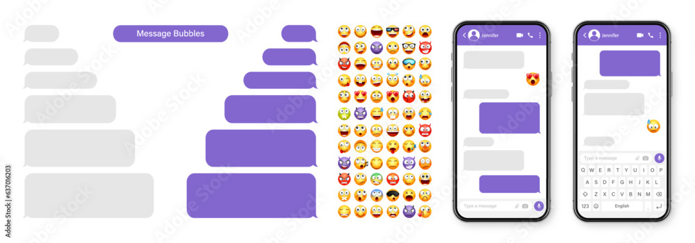 Wall mural smartphone messaging app, user interface design with emoji. sms text frame. chat screen with violet 