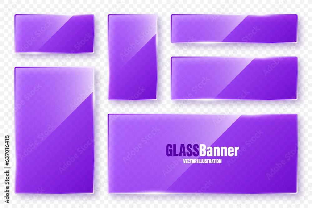 Sticker Realistic glass frames collection. Violet transparent glass banners with flares and highlights. Glossy acrylic plate, element with light reflection and place for text. Vector illustration