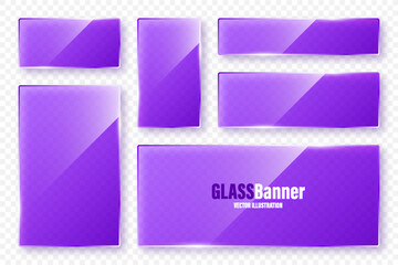 Realistic glass frames collection. Violet transparent glass banners with flares and highlights. Glossy acrylic plate, element with light reflection and place for text. Vector illustration