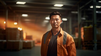 Fototapeta premium Worker at a warehouse. Asian man. Person in workplace. Generative AI.