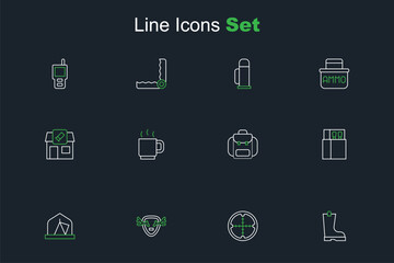 Set line Waterproof rubber boot, Sniper optical sight, Deer antlers on shield, Tourist tent, Open matchbox and matches, Hiking backpack, Coffee cup and Hunting shop icon. Vector