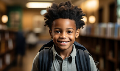 Portrait of Happy African American School Boy in Library