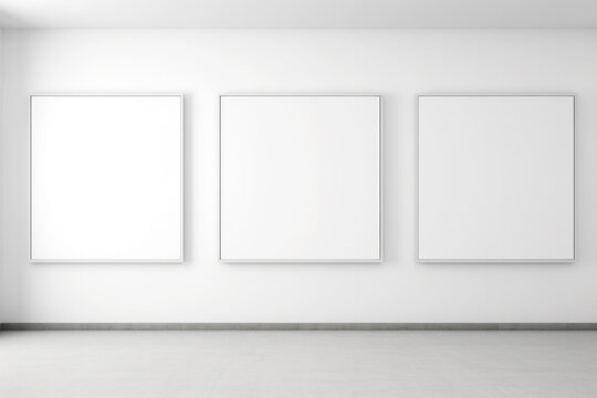 Three empty frames on a white wall, mockup for presenting art or design works