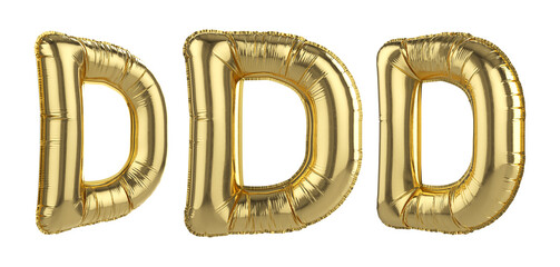 Gold foil balloon letter D on transparent background. 3d render.