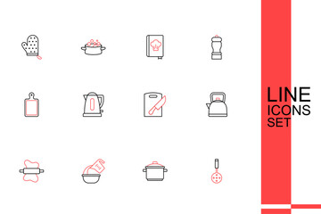 Set line Spatula, Cooking pot, Measuring cup and bowl, Rolling pin on dough, Kettle with handle, Cutting board knife, Electric kettle and icon. Vector