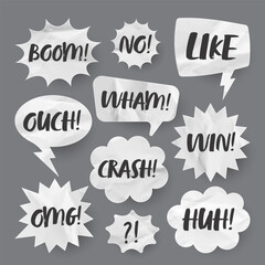 Crumpled paper comic speech bubbles. Hand drawn retro cartoon stickers with text. Pop art style. Old, vintage dialog boxes with cardboard texture. Vector illustration